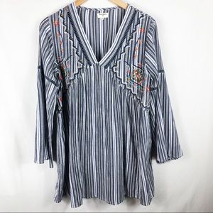 Cost Plus World Market Embroidered Striped Boho Dress | Blue & White | Size S/M